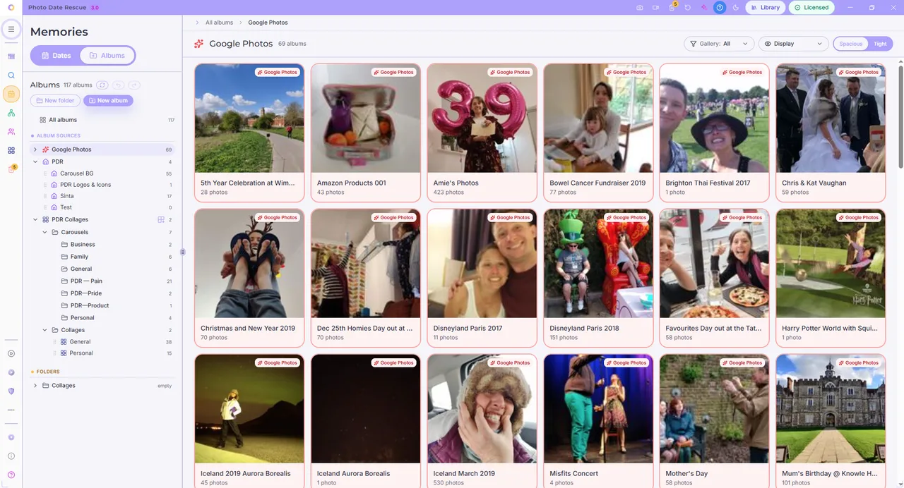 Photo Date Rescue Albums view browsing imported collections and PDR albums