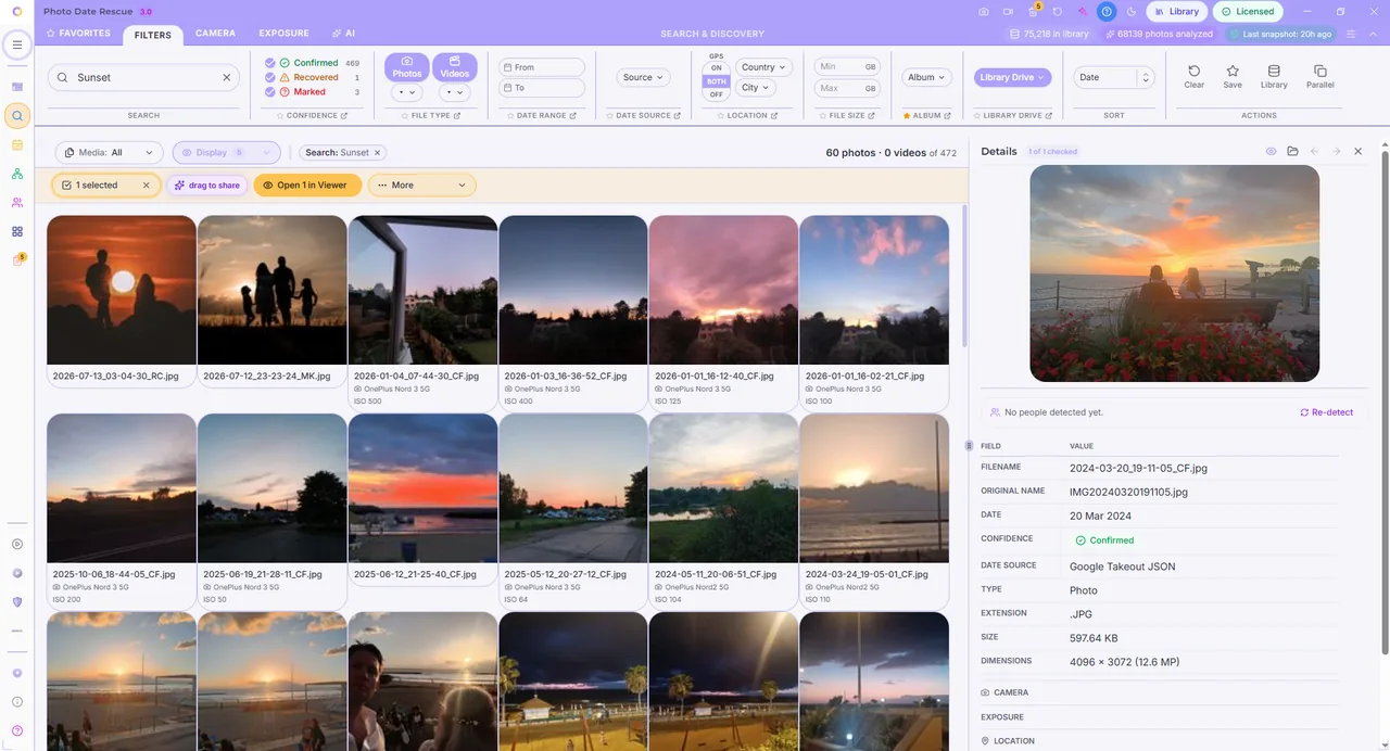 Photo Date Rescue Search & Discover filtering the library by date, location, person, camera and metadata